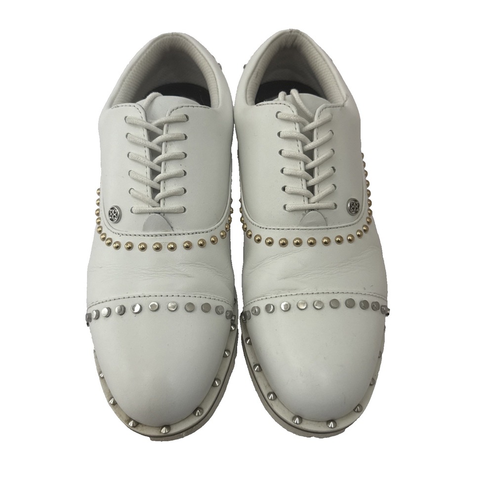 G FORE Gallivanter Golf Shoes Women 7.5 White Leather Stud Cleated Waterproof